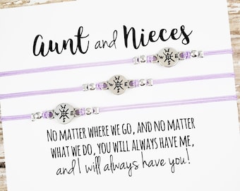 Set of Three Charm Bracelets with "Aunt and Nieces" Card | Aunt, Niece Gift Jewelry | Matching Bracelets | Aunt Nieces Birthday, Christmas