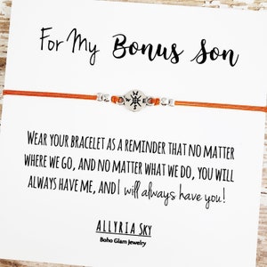 Charm Friendship Bracelet with &quot;For My Bonus Son&quot; Card | Bonus Son Gift | Bonus Mom, Bonus Son | Unbiological Son Gift | Stepson Gift