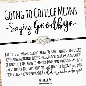 Bracelet de l'amitié avec carte « Aller à l'université » | Au revoir, En route pour l'université, Vous me manquez, Déménagement, Ici pour vous, Remise des diplômes, Cadeau meilleur ami