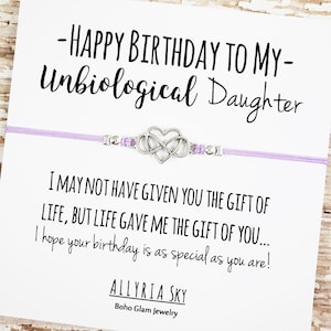Bracelet d’amitié avec carte d’anniversaire de fille non biologique | Fille bonus, fille adoptive, belle-fille, cadeau d’anniversaire de fille adoptive