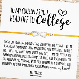 Bracelet de l'amitié avec cousine « En route pour l'université » | Cadeau de remise des diplômes cousin | Cadeau cousin | Diplôme de cousin | Cadeau cousin étudiant de première année