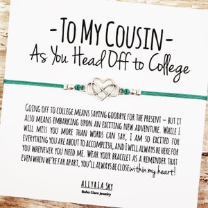Bracelet de l'amitié avec carte cousine « Aller à l'université », cadeau de remise des diplômes cousin, bracelet cadeau cousin, cadeau cousin étudiant de première année, cadeau cousin