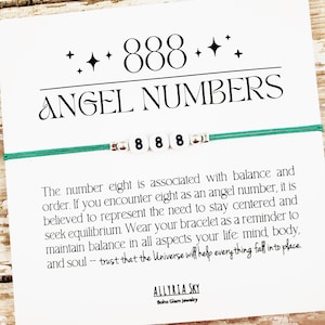 May include: A teal string bracelet with white beads that spell out the number 888. The bracelet is on a white card with the text "++888++* ANGEL NUMBERS" and a description of the meaning of the number eight.