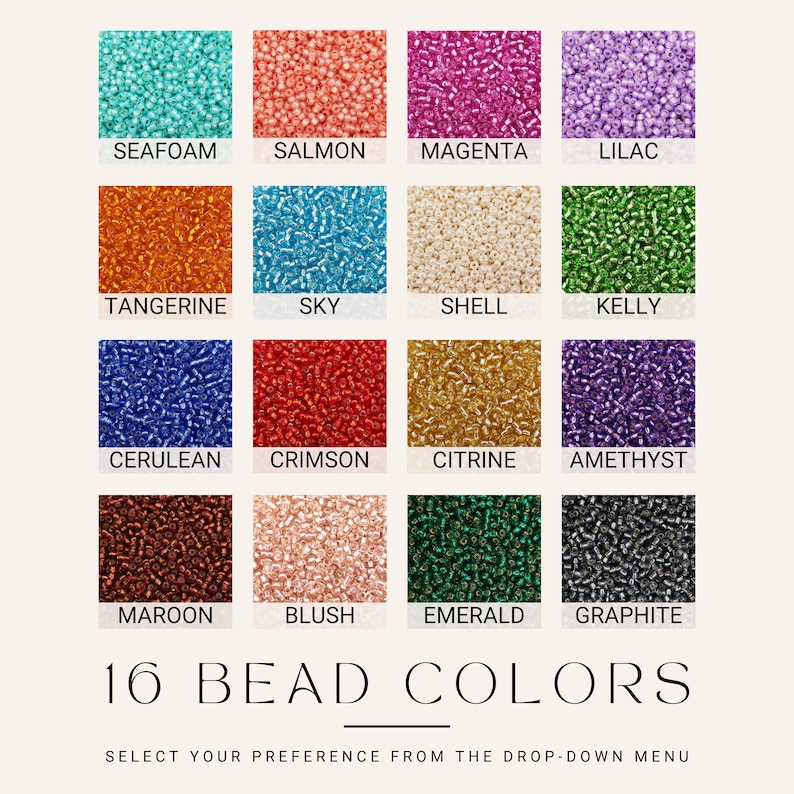 May include: A chart showing 16 different colors of beads. The colors are: Seafoam, Salmon, Magenta, Lilac, Tangerine, Sky, Shell, Kelly, Cerulean, Crimson, Citrine, Amethyst, Maroon, Blush, Emerald, and Graphite.
