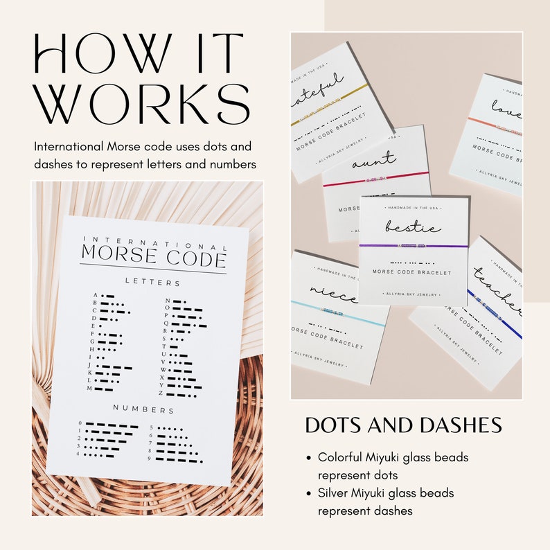 May include: A chart showing the International Morse Code alphabet and numbers.  The code uses dots and dashes to represent letters and numbers.  Colorful and silver beads are used to create bracelets that spell out words using Morse code.