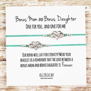 Set of Two Charm Bracelets with Bonus Mom and Bonus Daughter Card Step-Mom, Step-Daughter, Mother's Day Gift Matching Bracelets immagine 2