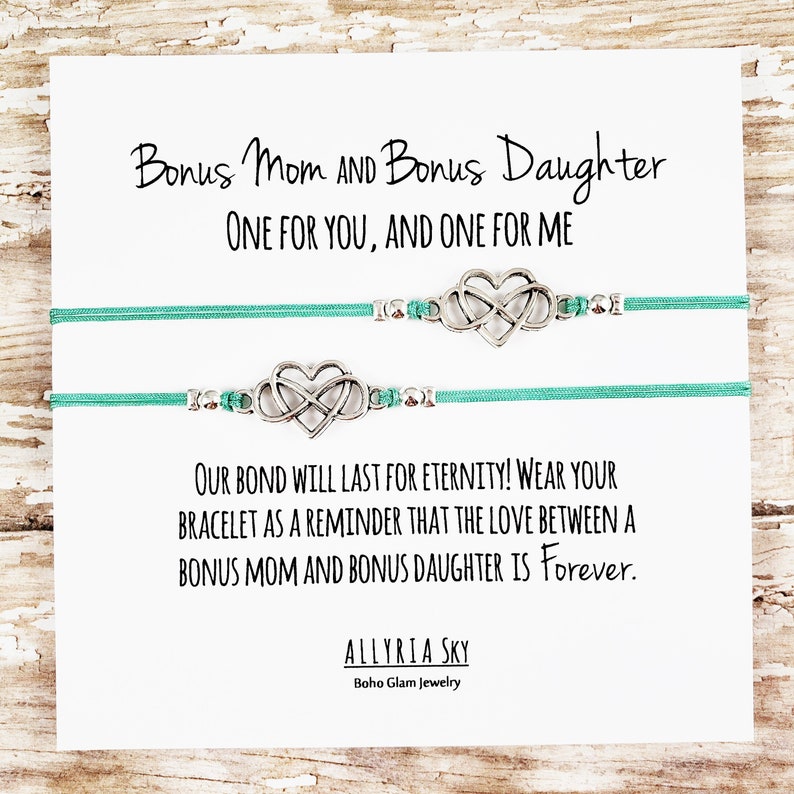 Set of Two Charm Bracelets with Bonus Mom and Bonus Daughter Card Step-Mom, Step-Daughter, Mother's Day Gift Matching Bracelets immagine 2