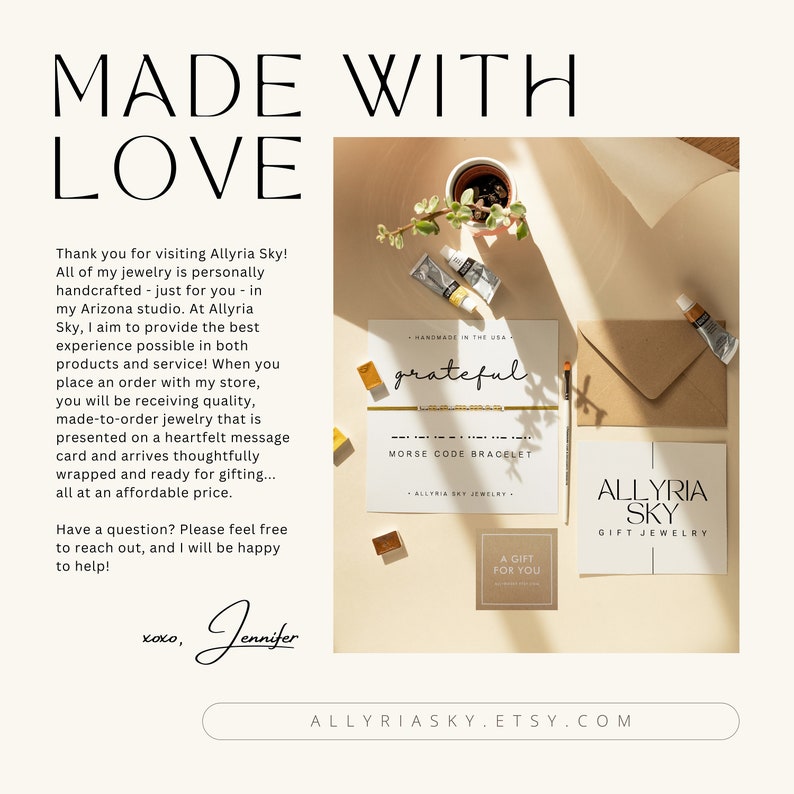 May include: A close-up of a card with the text "grateful" written in cursive. The card is surrounded by paint tubes and a brown envelope. The text "ALLYRIA SKY GIFT JEWELRY" is on a separate card.