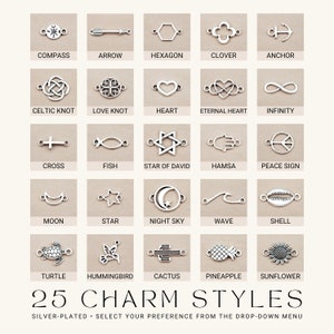 May include: A collection of 25 silver-plated charm styles for jewelry making. The charms feature various designs, including a compass, arrow, hexagon, clover, anchor, Celtic knot, love knot, heart, eternal heart, infinity, cross, fish, Star of David, hamsa, peace sign, moon, star, night sky, wave, shell, turtle, hummingbird, cactus, pineapple, and sunflower.