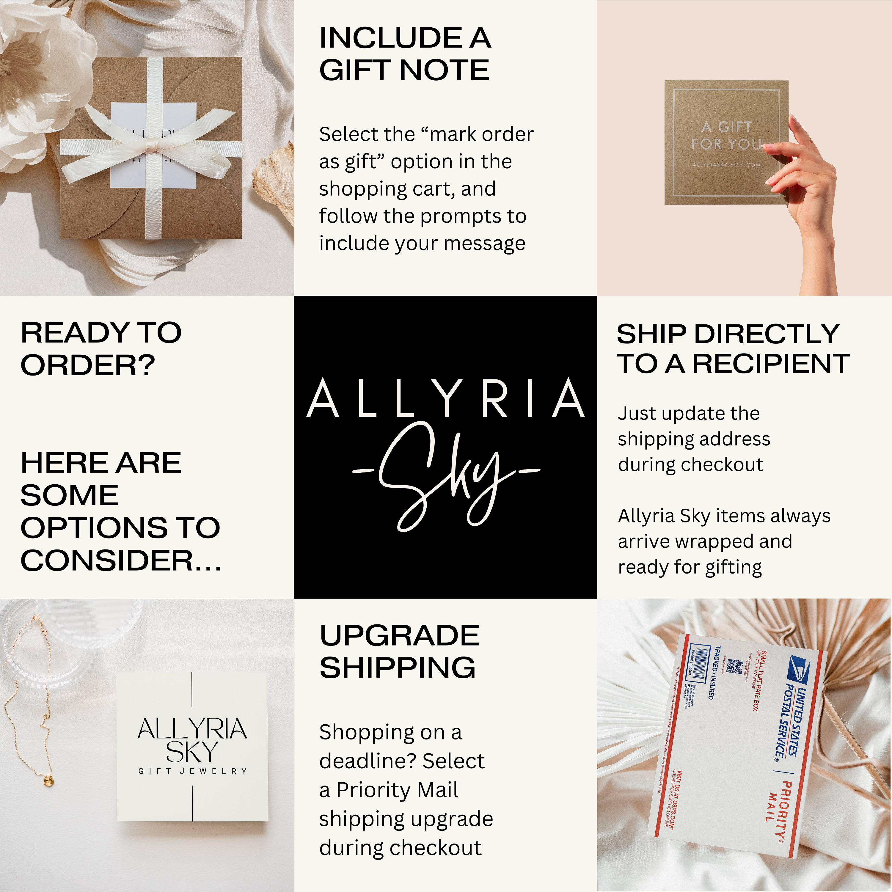 May include: A collage of six images with text and product information about Allyria Sky jewelry. The images include a gift box, a gift note, a shipping box, and text that says "Ready to Order?", "Allyria Sky", "Upgrade Shipping", and "Ship Directly to a Recipient".