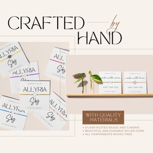 May include: A collection of colorful bracelets with silver charms and the text "ALLYRIA Sky" on white cards. The bracelets are handmade and feature phrases like "made with care" and "made with love". The bracelets are displayed on a wooden shelf with plants in glass vases.