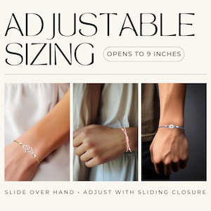 May include: Three adjustable bracelets with sliding closures. The bracelets are shown on different wrists. The first bracelet is green with a silver infinity symbol charm. The second bracelet is pink with a silver knot charm. The third bracelet is blue with a silver charm. The text "Opens to 9 inches" is visible in the image.
