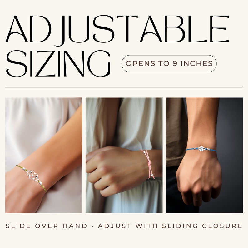 May include: Three adjustable bracelets with sliding closures. The bracelets are shown on different wrists. The first bracelet is green with a silver infinity symbol charm. The second bracelet is pink with a silver knot charm. The third bracelet is blue with a silver charm. The text "Opens to 9 inches" is visible in the image.