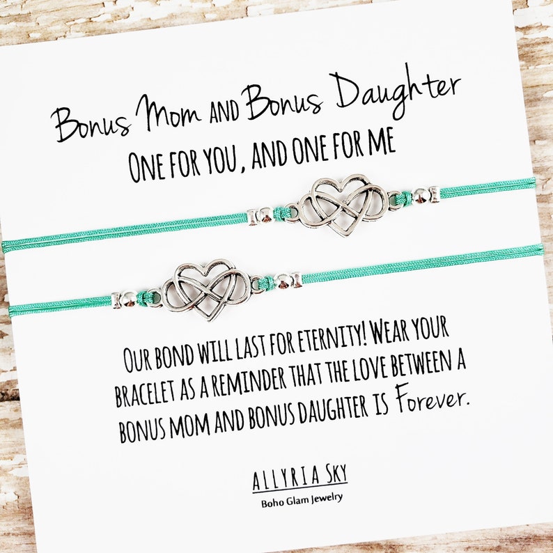 Set of Two Charm Bracelets with Bonus Mom and Bonus Daughter Card Step-Mom, Step-Daughter, Mother's Day Gift Matching Bracelets image 1