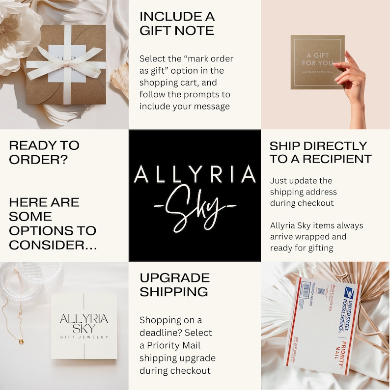 K&ouml;nnte beinhalten: Eine Collage aus sechs Bildern mit Text und Produktinformationen zu Allyria Sky Schmuck. Die Bilder zeigen eine Geschenkbox, eine Geschenkkarte, einen Versandkarton und Text, der "Bestellung fertig?", "Allyria Sky", "Versand-Upgrade" und "Direkt an einen Empf&auml;nger versenden" lautet.
