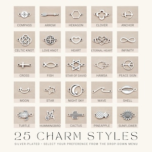 May include: A collection of 25 silver-plated charm styles for jewelry making. The charms feature various designs, including a compass, arrow, hexagon, clover, anchor, Celtic knot, love knot, heart, eternal heart, infinity, cross, fish, Star of David, hamsa, peace sign, moon, star, night sky, wave, shell, turtle, hummingbird, cactus, pineapple, and sunflower.