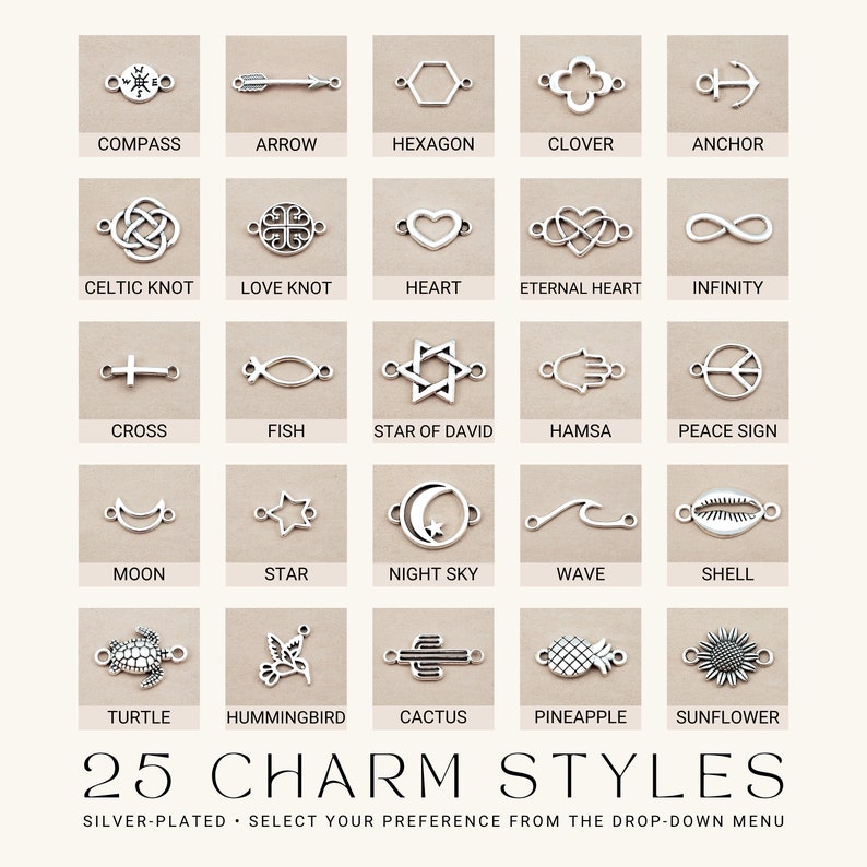 May include: A collection of 25 silver-plated charm styles for jewelry making. The charms feature various designs, including a compass, arrow, hexagon, clover, anchor, Celtic knot, love knot, heart, eternal heart, infinity, cross, fish, Star of David, hamsa, peace sign, moon, star, night sky, wave, shell, turtle, hummingbird, cactus, pineapple, and sunflower.
