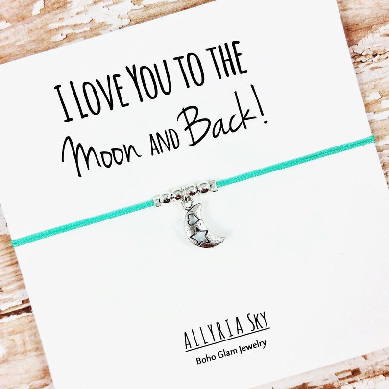 Silver Moon Charm Bracelet With I Love You to the Moon and Back Card Best Friend Bracelet Gift for Mom, Daughter Best Friend Gift image 1