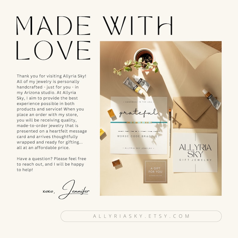 May include: A white card with the text "grateful" written in black cursive script. The card is surrounded by paint tubes and a brown envelope. The text "Morse Code Bracelet" is printed below the word "grateful". The text "Allyria Sky Jewelry" is printed below the bracelet description. A white card with the text "Allyria Sky Gift Jewelry" is on the right side of the image. A small brown card with the text "A Gift For You" is in the lower right corner of the image.
