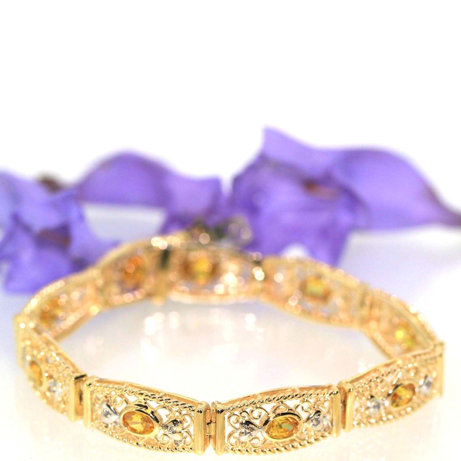 14k Yellow Gold Natural Lemon Quartz & Diamond Link Filigree - Etsy