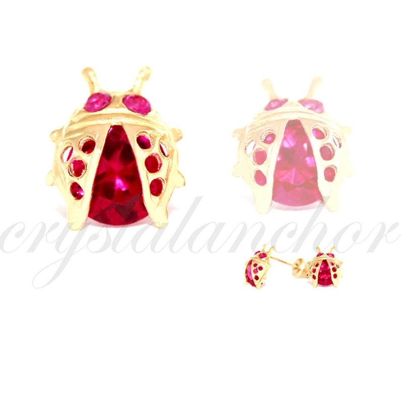 14K Yellow Gold Ladybug Ruby Stud SCREW Back Earrings Etsy