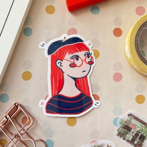 Francuska dziewczyna, wycinana naklejka winylowa, przezroczysta naklejka, słodka naklejka z dziewczyną, naklejka na laptopa, scrapbooking, dziennikarstwo, elegancka naklejka