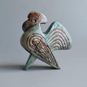 Ceramic figurine - rooster, ceramic sculpture, green bird, original gift, birthday present, bright bird, mockingbird, Japanese ceramics, red
