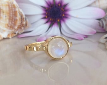 Rainbow Moonstone Ring - Genuine Gemstone - Gold Ring - Gemstone Band - Round Ring - June Ring - Simple Ring - Hammered Ring