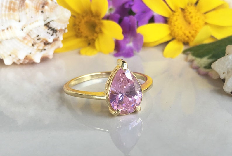 October Birthstone Jewelry Prong Ring Gemstone Ring Simple Ring Rose Quartz Ring Teardrop Ring Gold Ring Pink Quartz Ring
