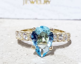 Aquamarine Ring - March Birthstone - Pear Blue Gemstone Prong Set Teardrop Statement Engagement Gold Band