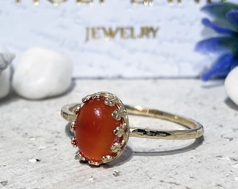Carnelian Ring - Oval Natural Red Gemstone Prong Set Dainty Delicate Simple Hammered Gold Band