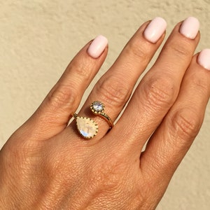 Rainbow Moonstone Ring - Dual Gemstone Ring - Hammered Ring - Stack Ring - Gold Ring - Adjustable Ring - Bezel Ring - Jine Birthstone