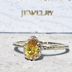 Citrine Ring - Gold Ring - Gemstone Ring - Stacking Ring - November Birthstone - Teardrop Ring - Slim Ring - Hammered Ring - Delicate Ring