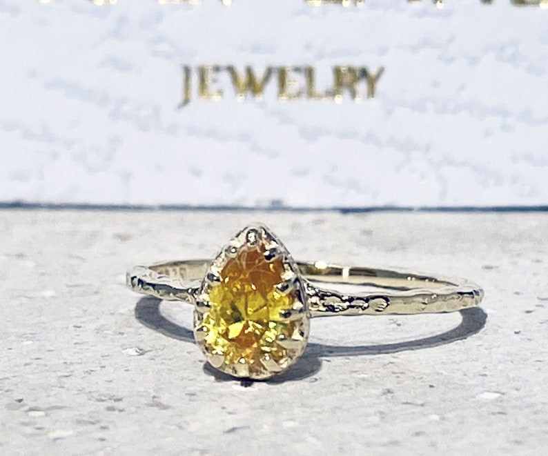 Citrine Ring - Gold Ring - Gemstone Ring - Stacking Ring - November Birthstone - Teardrop Ring - Slim Ring - Hammered Ring - Delicate Ring 