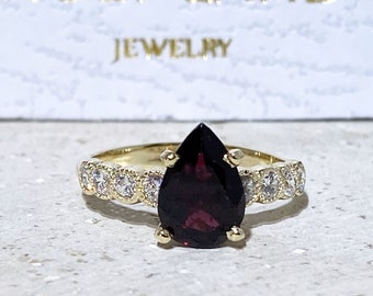 Red Garnet Ring – January Birthstone - Pear Gemstone Prong Set Teardrop Statement Engagement Gold Band