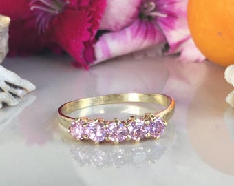 Rose Quartz Ring – October Birthstone - Round Gemstone Prong Set Simple Stackable Dainty Gold Band
