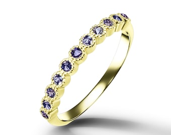Alexandrite Ring - June Birthstone - Round Gemstone Bezel Set Half Eternity Delicate Stacking Gold Band
