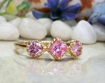 Rose Quartz Ring – October Birthstone - Pink Gemstone Triple Bezel Set Dainty Gold Band