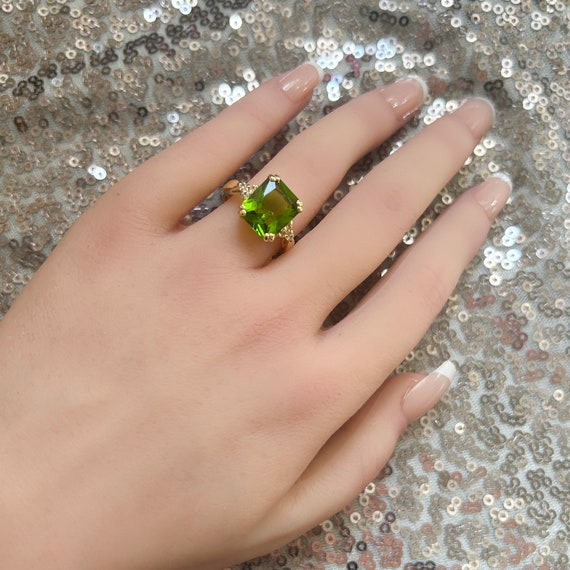 Peridot Ring August Birthstone Jewelry Statement Ring Gold Ring  Engagement Ring Rectangle Ring Cocktail Ring Prong Ring