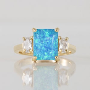 Blue Opal Ring - Gold Ring - Engagement Ring - Rectangle  Ring - Cocktail Ring - Statement Ring - Opal Jewelry - October Birthstone