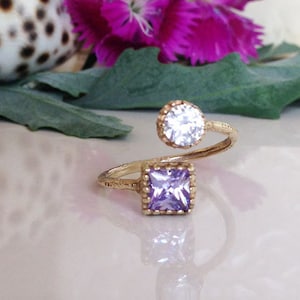Dual Gemstone Ring - Two Birthstone Ring - Alexandrite Ring - Clear Quartz Ring - Hammered Ring - Gemstone Ring - Delicate Ring - Stack Ring