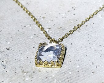 Clear Quartz Necklace - Gold Necklace - April Birthstone - Gemstone Necklace - Chain Necklace - Vintage Style - Square Pendant