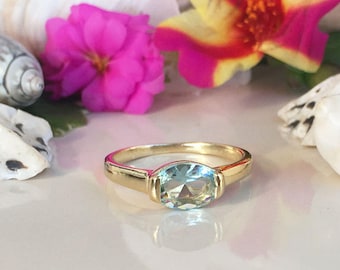 Aquamarine Ring - March Birthstone - Stack Ring - Gemstone Band - Simple Ring - Oval Ring - Prong Ring - Dainty Ring