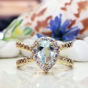 Aquamarine Ring - March Birthstone - Statement Ring - Gold Ring - Engagement Ring - Teardrop Ring - Cocktail Ring - Light Blue Ring