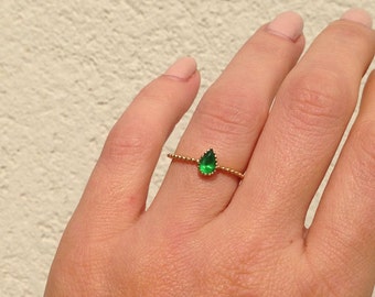 20% off- SALE!! Emerald Ring - Gemstone Ring - Gold Ring - Bezel Ring - May Birthstone Ring - Teardrop Ring - Stacking Ring - Simple Ring