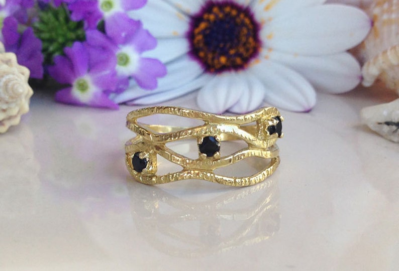 Black Onyx Ring Genuine Gemstone December Ring Gemstone Band Simple Ring Gold Ring Prong Ring Black Ring Hammered Ring image 1