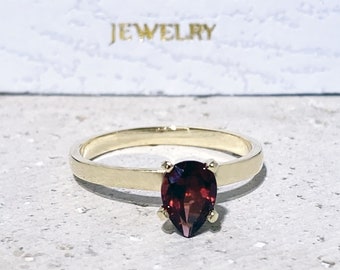 Garnet Ring - January Birthstone - Red Stone Ring - Gemstone Ring - Gold Ring - Stacking Ring - Prong Ring - Teardrop Ring - Simple Ring