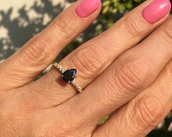 Black Onyx Ring – December Birthstone - Pear Gemstone Prong Set Teardrop Dainty Delicate Gold Band