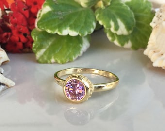 Rose Quartz Ring - Round Pink Gemstone Bezel Set Simple Gold Stacking Band - October Birthstone