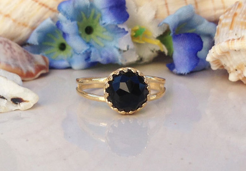 Birthstone Ring Simple Ring Genuine Gemstone Gold Ring Double Band Ring Delicate Ring December Birthstone Black Onyx Ring